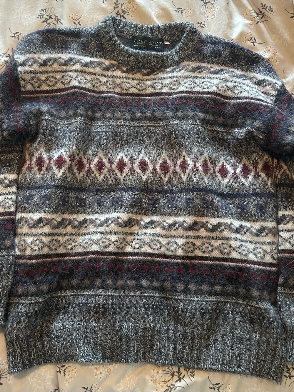 Vintage Lyle & Scott Grey and Burgundy Fair Isle Wool Sweater